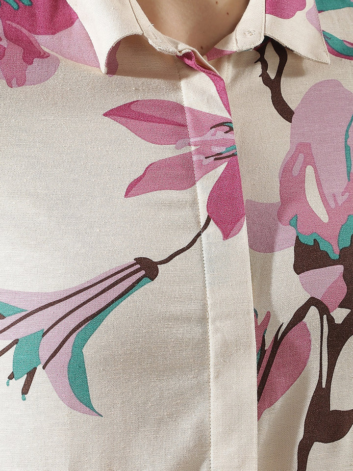 Pink Floral Print Linen Shirt