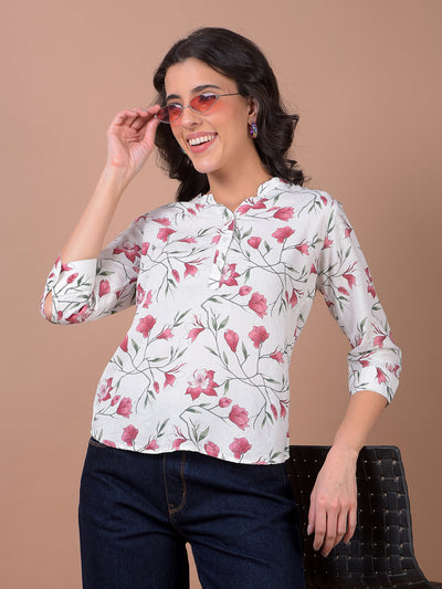 Green Floral Print V-Neck Linen Top