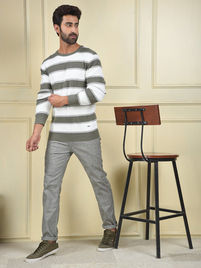 Olive Horizontal Stripes 100% Cotton Sweater