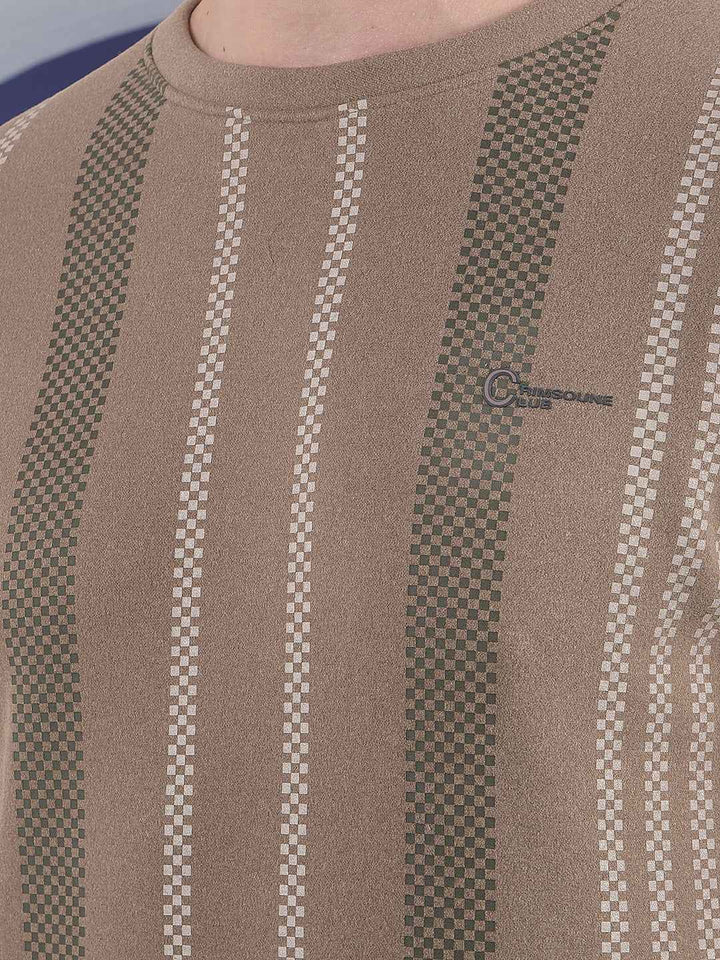 Brown Vertical Striped Round Neck Sweatshirt