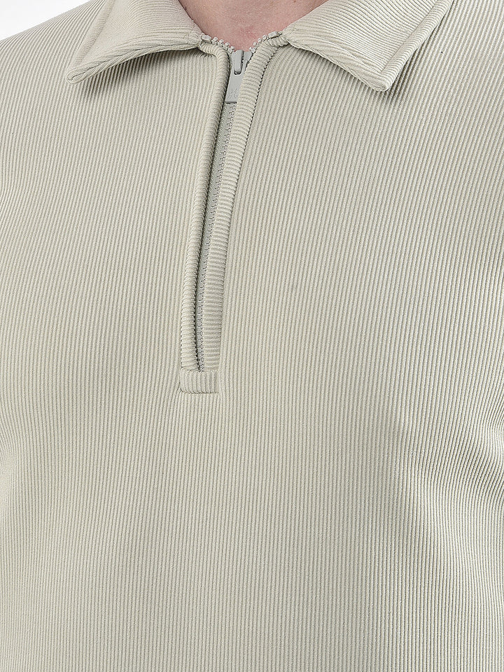 Beige Minimal Zip-Front Sweatshirt