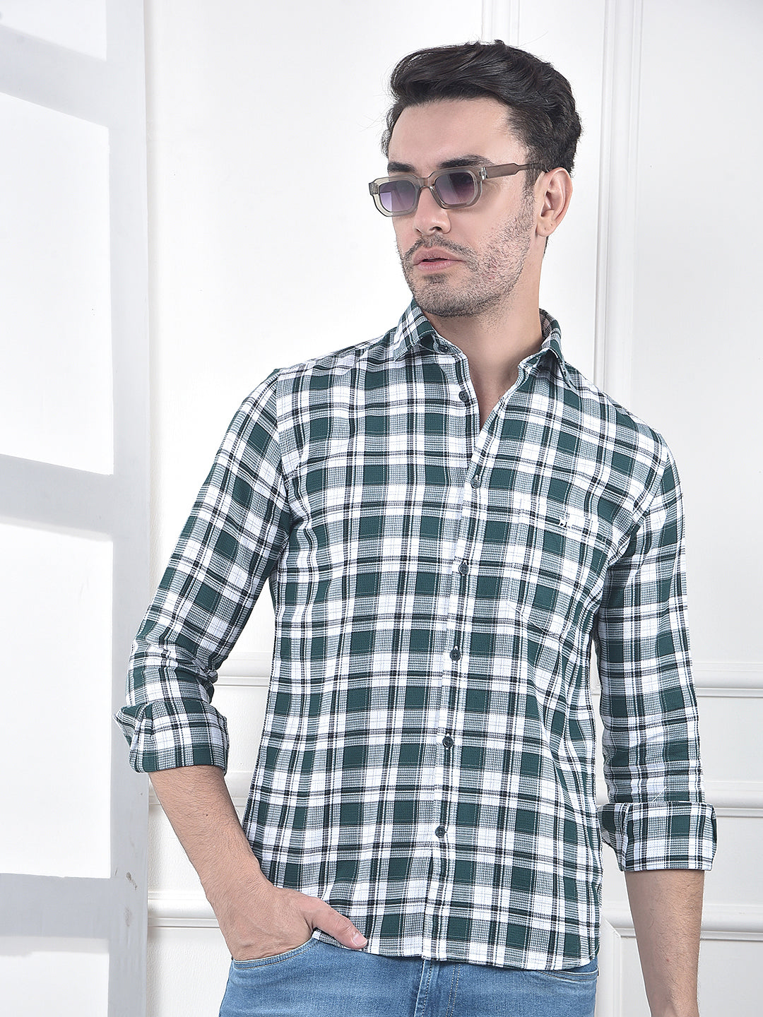 Green Checked 100% Cotton Casual Shirt