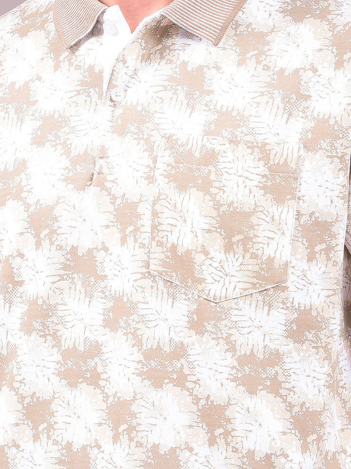 Beige Floral Print Polo Neck 100% Cotton T-Shirt