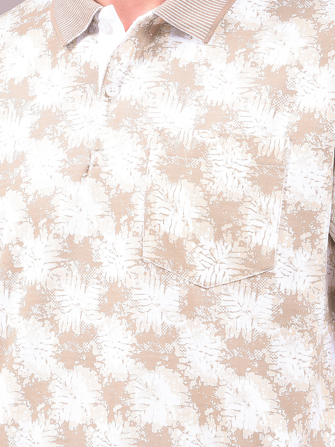 Beige Floral Print Polo Neck 100% Cotton T-Shirt