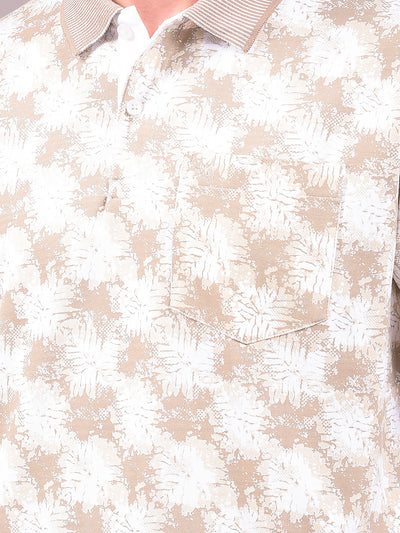 Beige Floral Print Polo Neck 100% Cotton T-Shirt