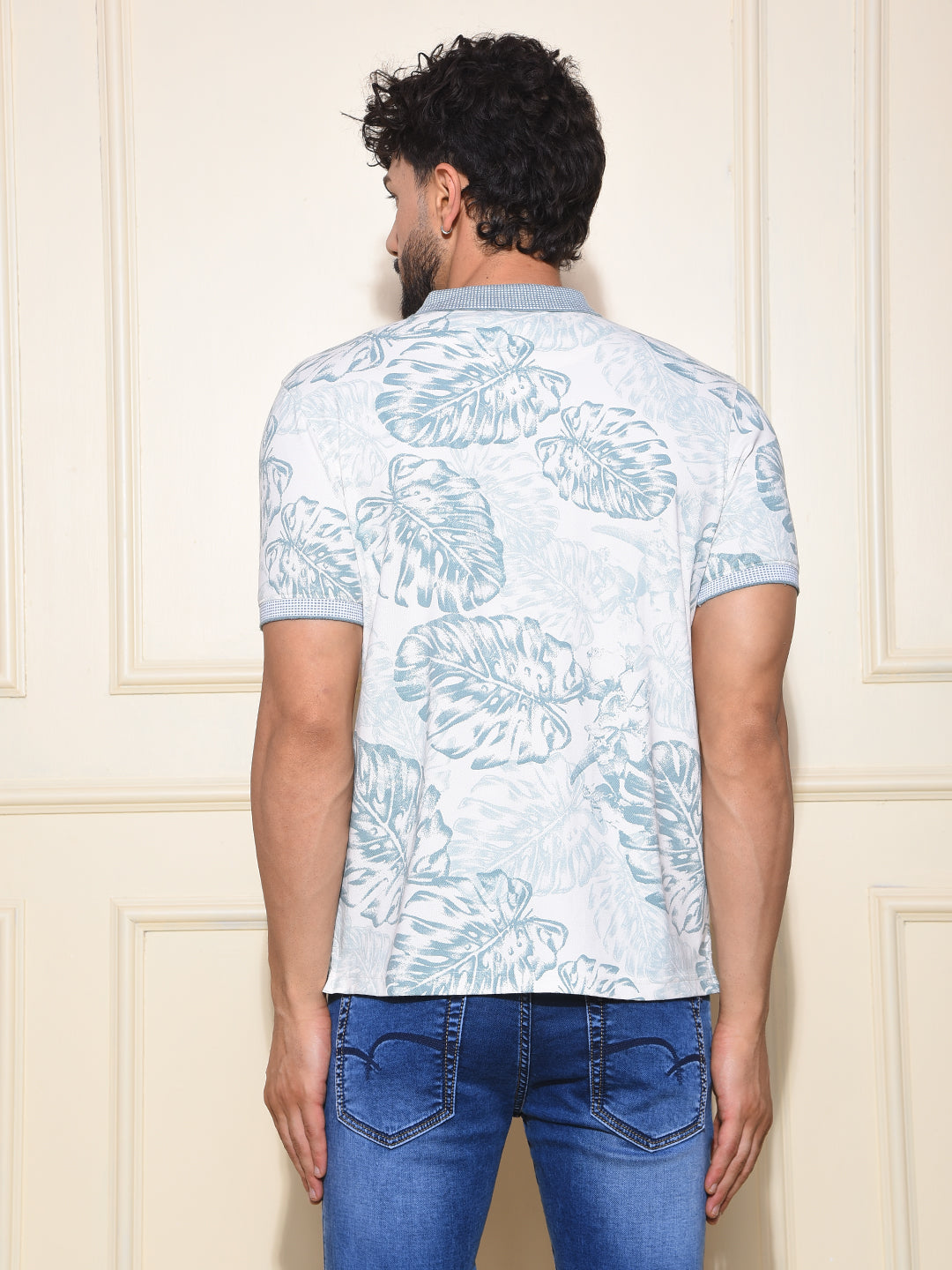 Green Floral Print Polo-Neck T-Shirt