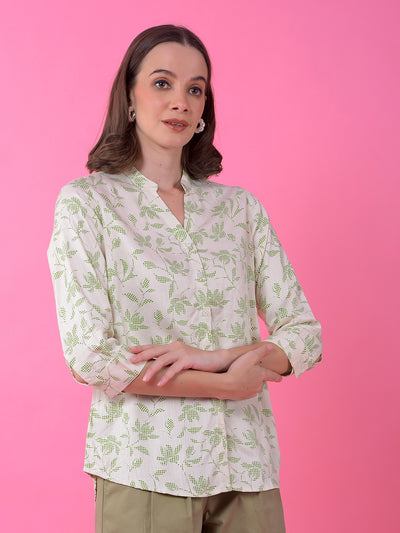Green Floral Print V-Neck Shirt