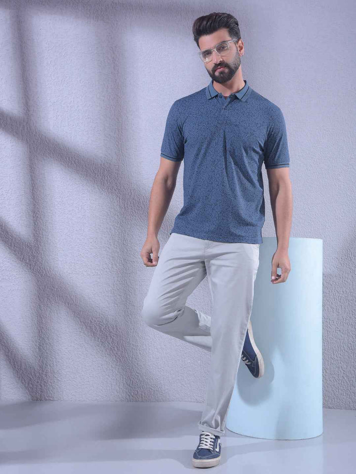 Navy Blue Floral Print Polo Neck T-Shirt