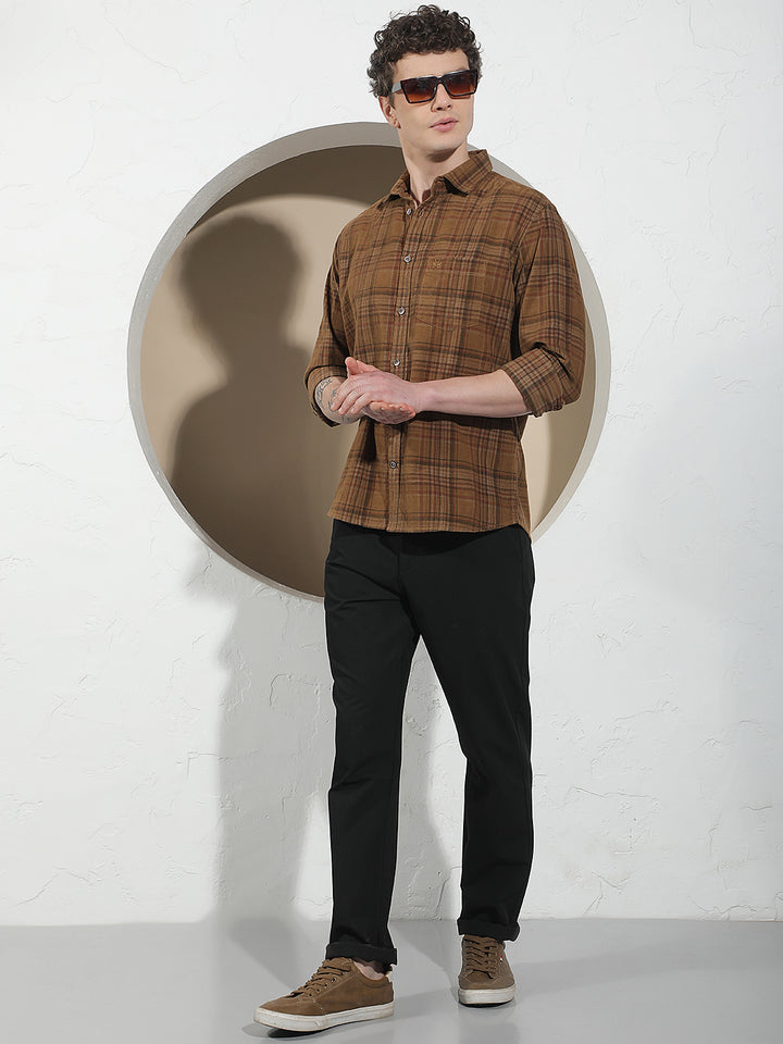 Brown Checked 100% Cotton Corduroy Shirt