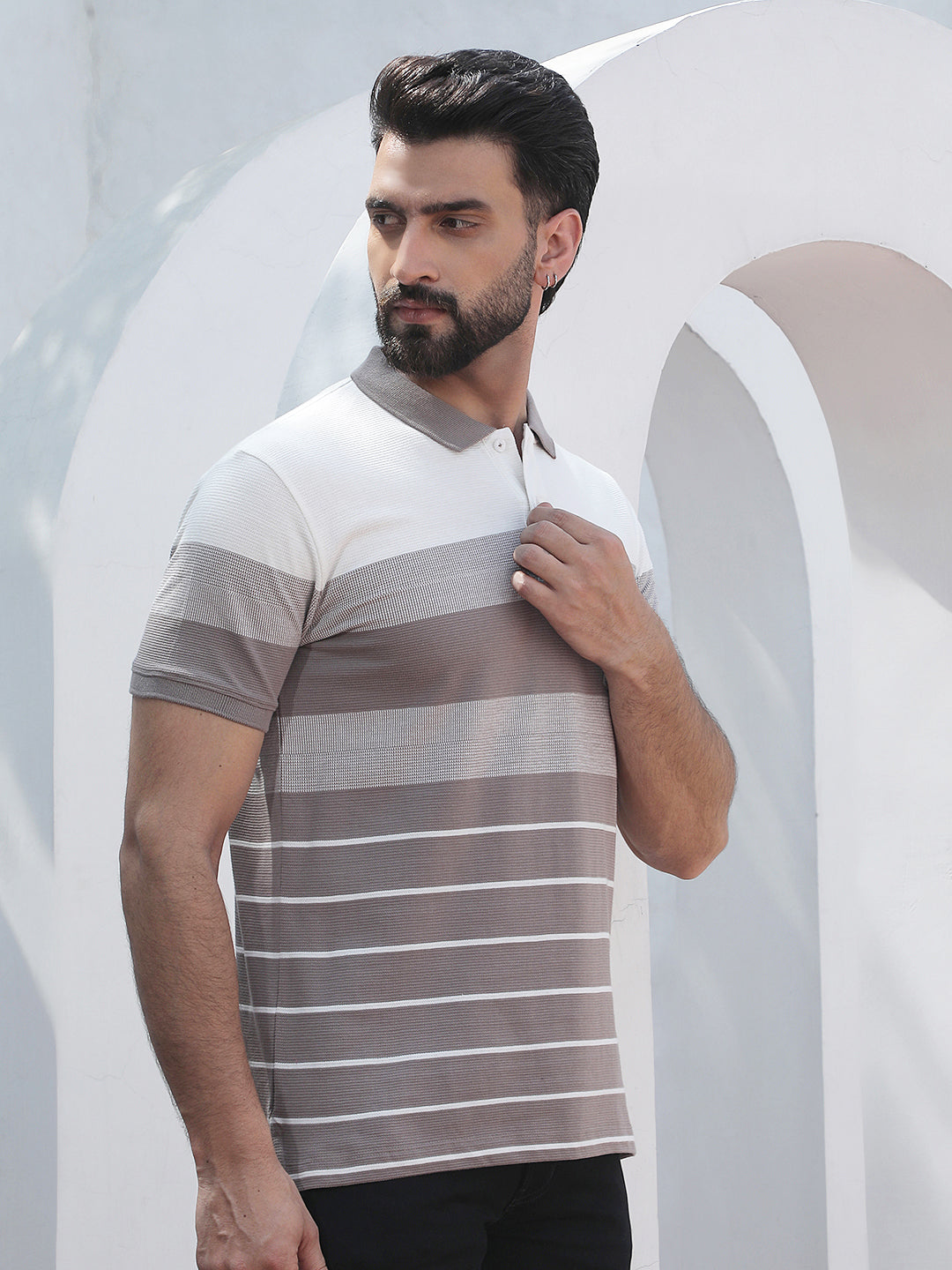 Purple Horizontal Striped Polo Neck T-Shirt