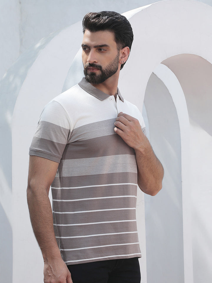 Purple Horizontal Striped Polo Neck T-Shirt
