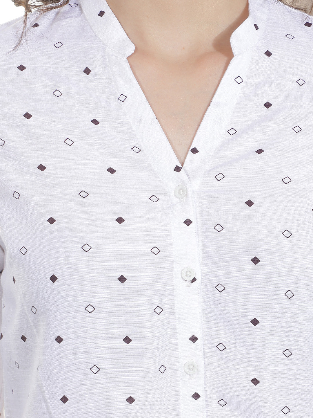 White Printed V-Neck Linen Shirt
