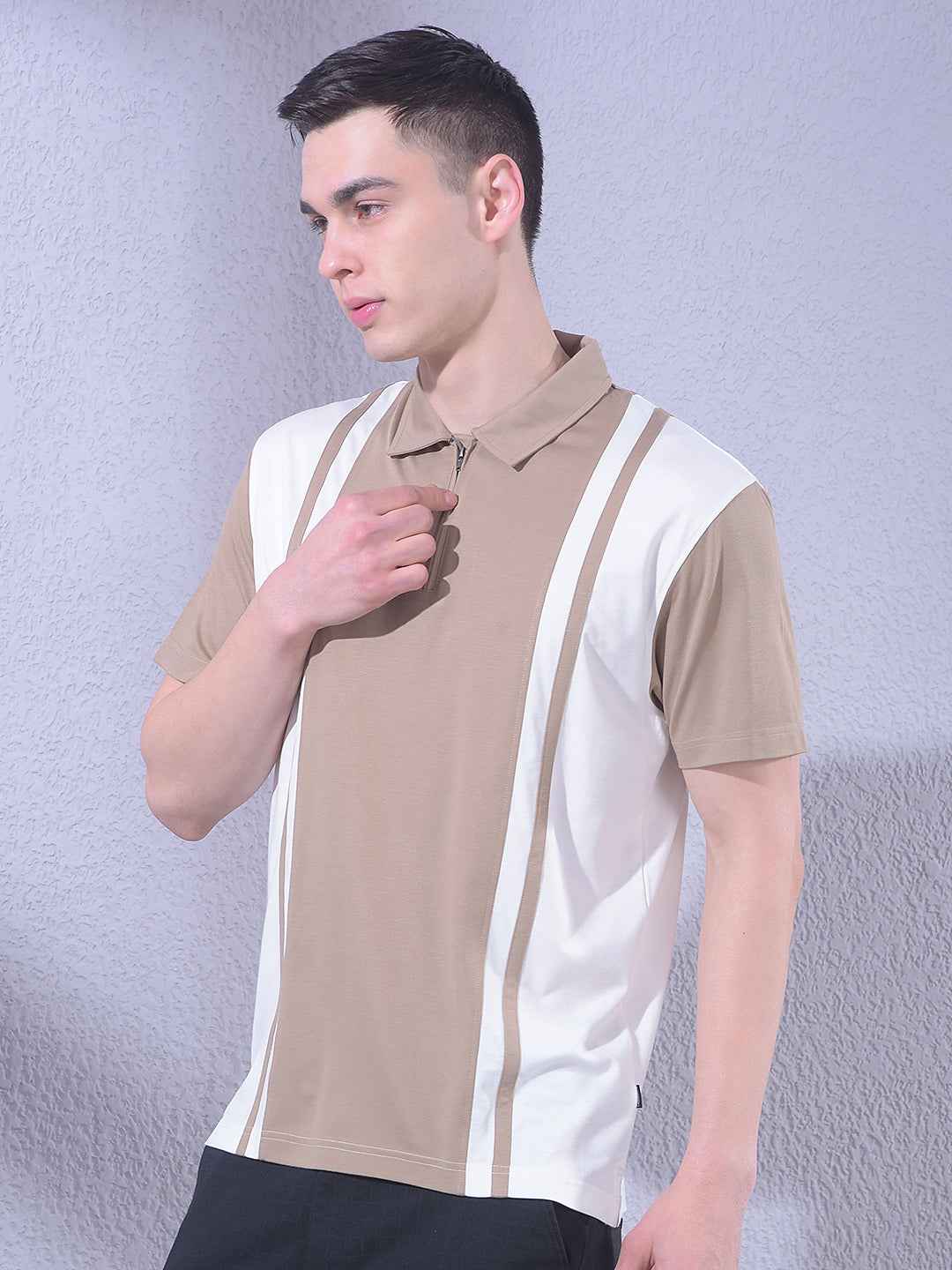 Beige Color-Blocked Polo Neck T-Shirt with Zip Closure