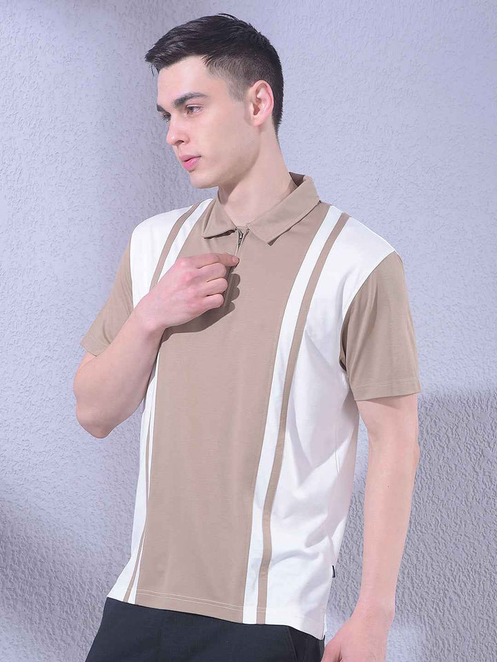 Beige Color-Blocked Polo Neck T-Shirt with Zip Closure