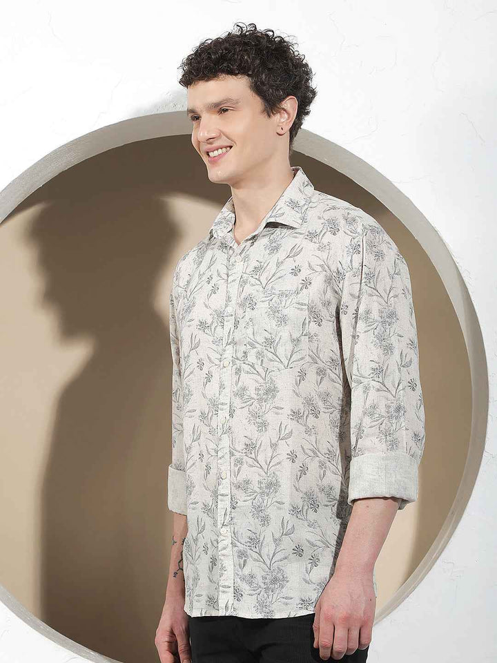 Linen Black Floral Print Shirt