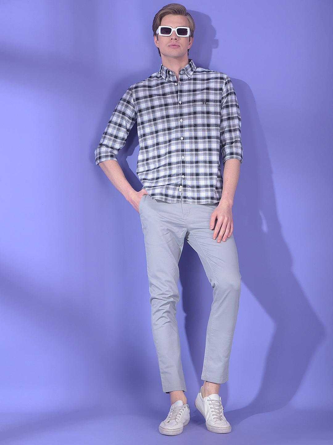 Grey Checked Button-Down Collar 100% Cotton Shirt