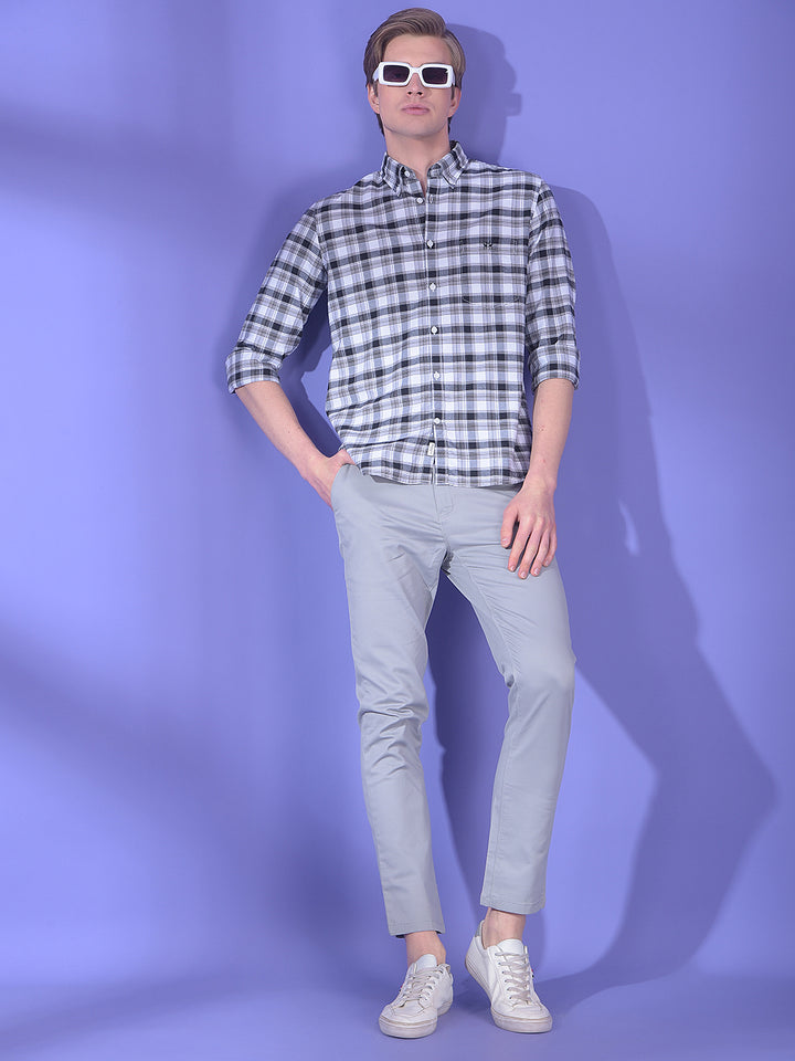 Grey Checked Button-Down Collar 100% Cotton Shirt