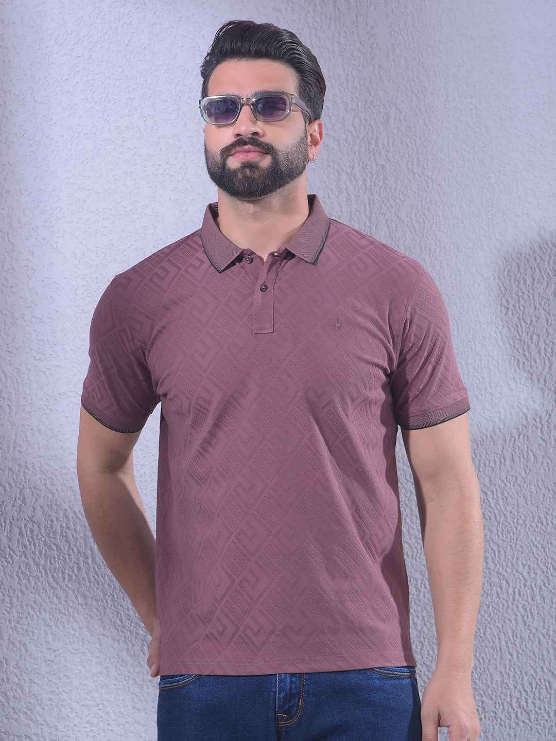 Maroon Jacquard Polo Neck T-Shirt