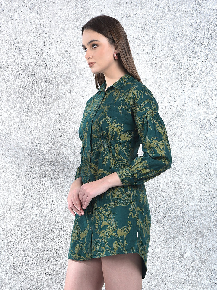Green Floral Print 100% Cotton Mini Shirt-Dress