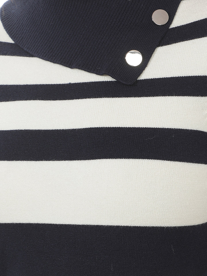 Navy Blue Horizontal Stripes High Neck Sweater
