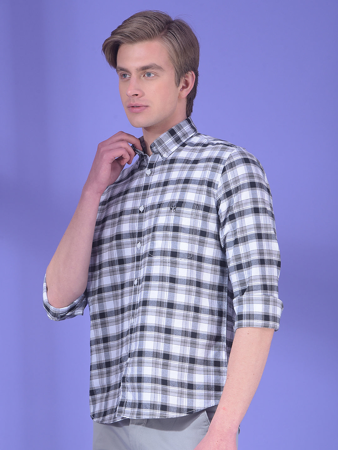 Grey Checked Button-Down Collar 100% Cotton Shirt