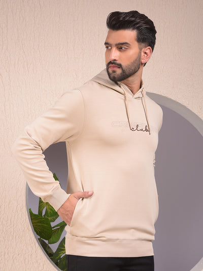 Beige Embroidered Hooded Neck Sweatshirt