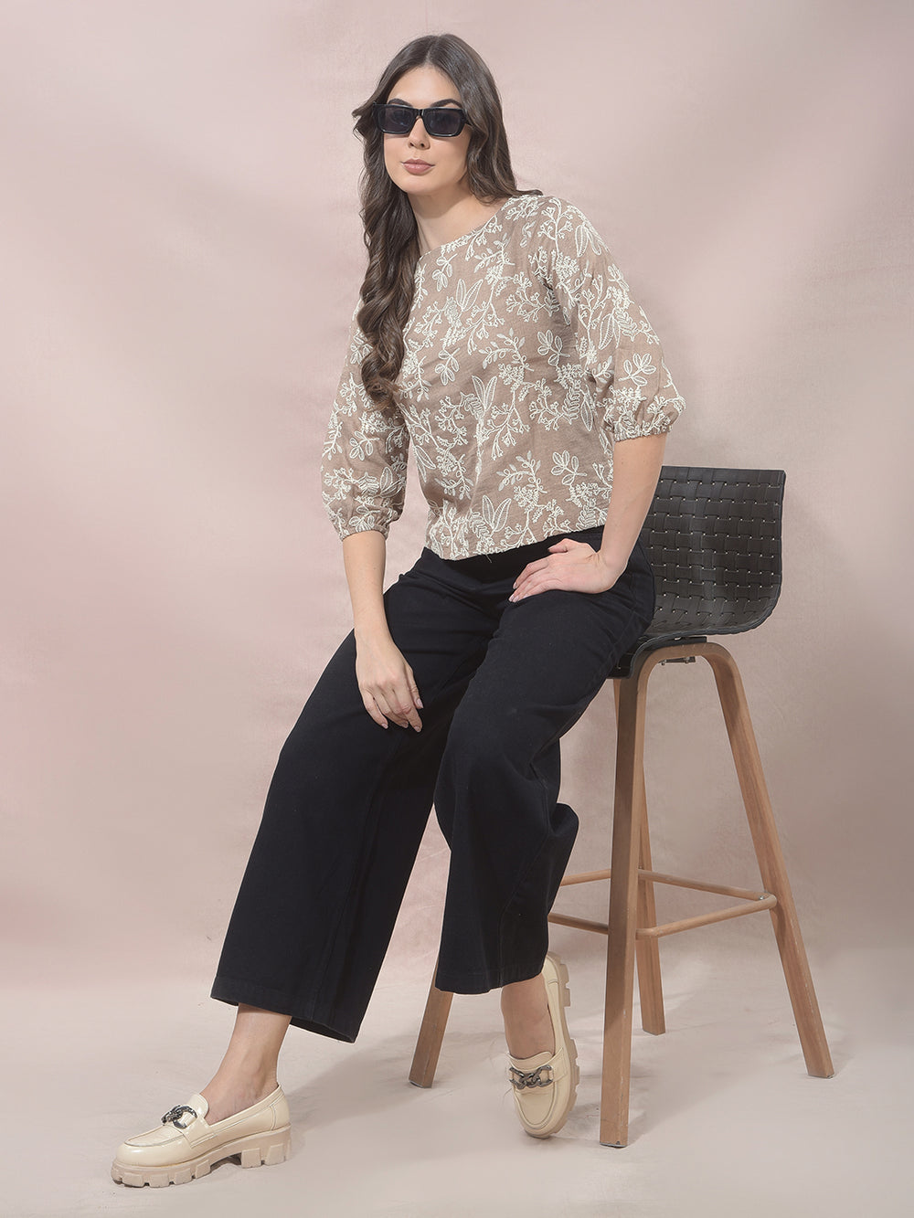 Beige Floral Embroidered Top