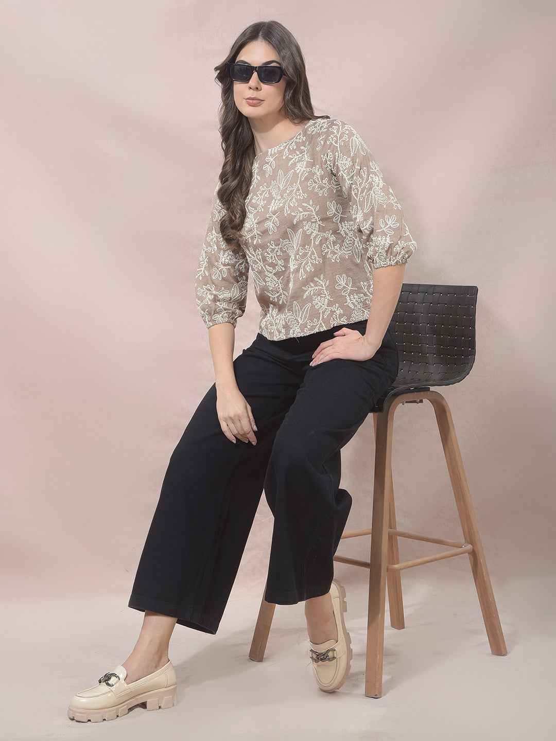 Beige Floral Embroidered Top