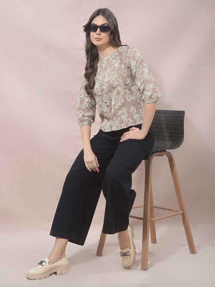 Beige Floral Embroidered Top