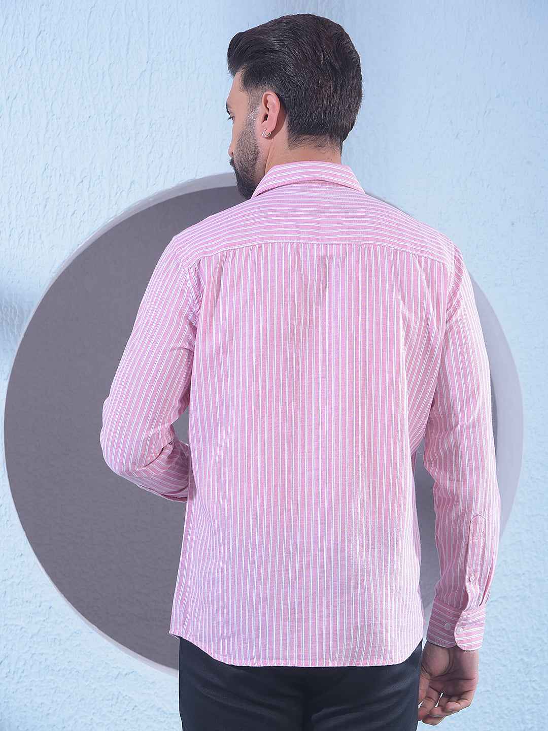 Pink Linen Vertical Stripes Shirt