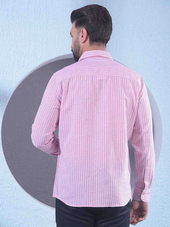 Pink Linen Vertical Stripes Shirt