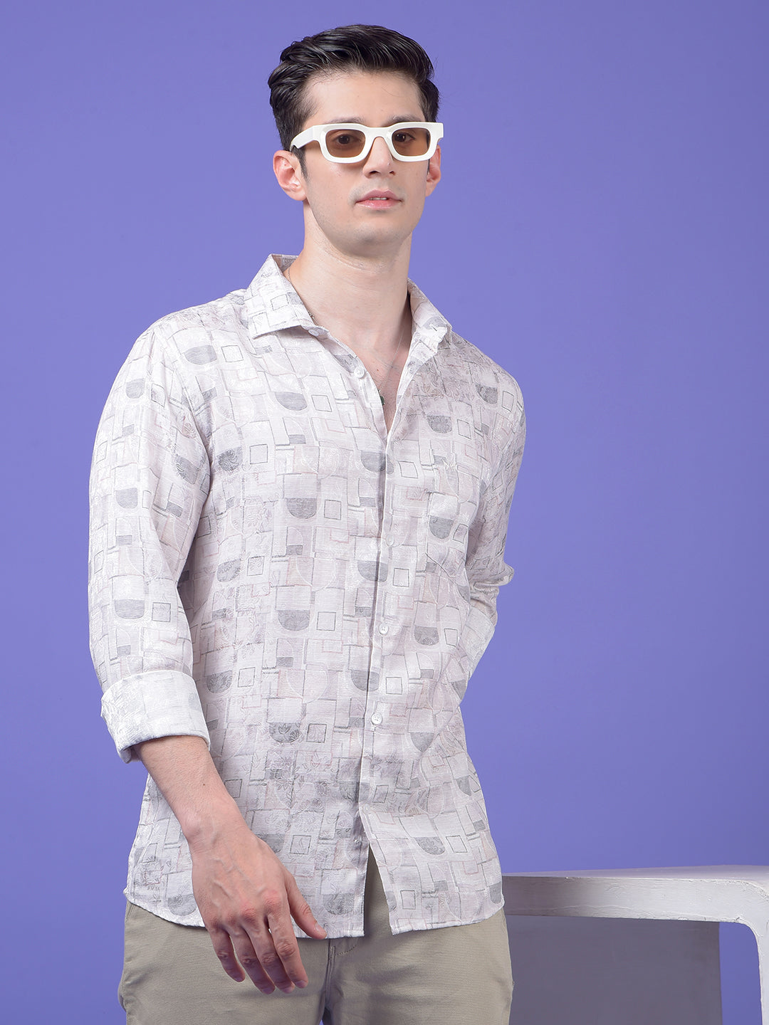 Off White Printed Linen Shirt
