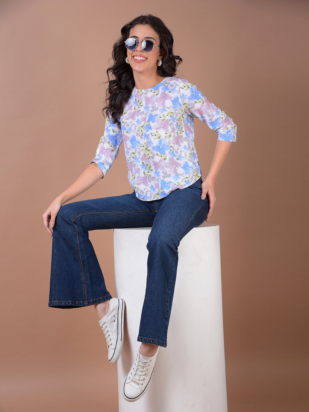 Multi-Color Floral Print Linen Top