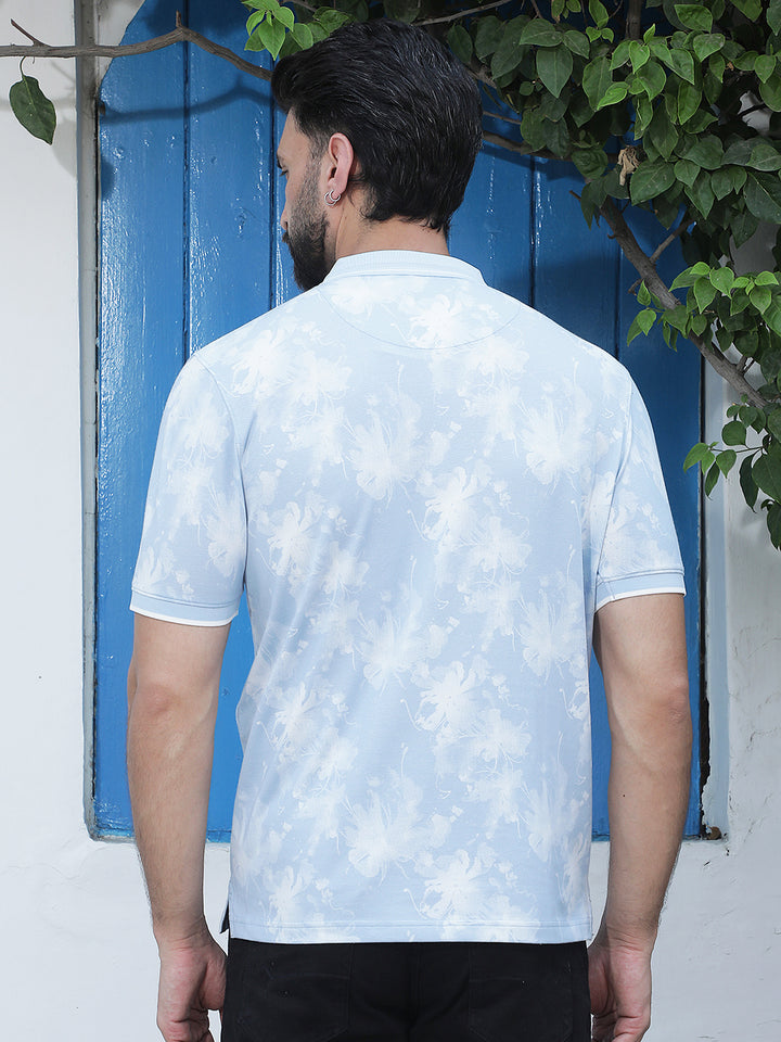 Blue Floral Print Polo Neck T-Shirt