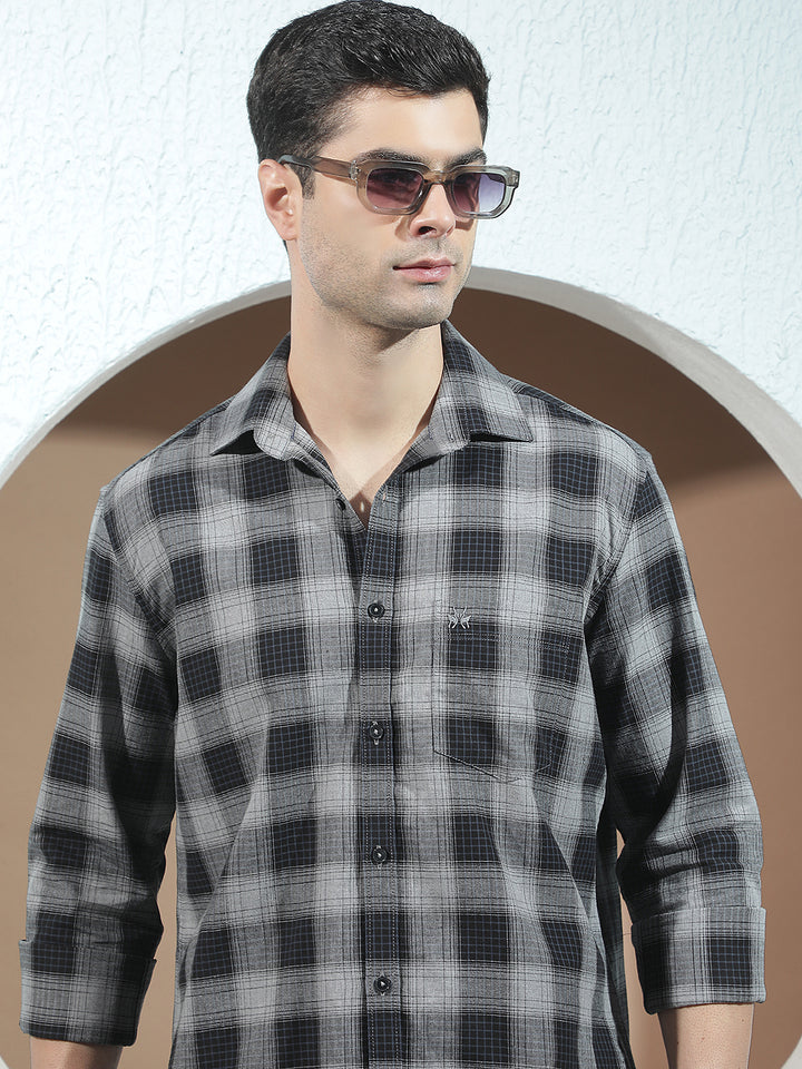 Navy Blue 100% Cotton Checked Shirt