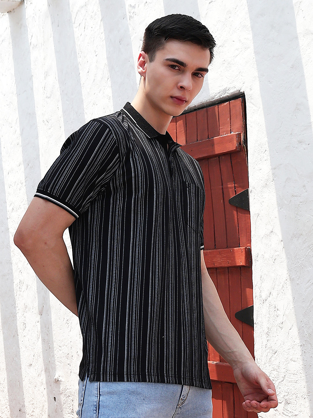 Black Vertical Stripes Polo Neck T-Shirt