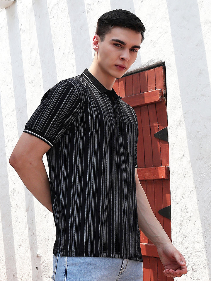 Black Vertical Stripes Polo Neck T-Shirt
