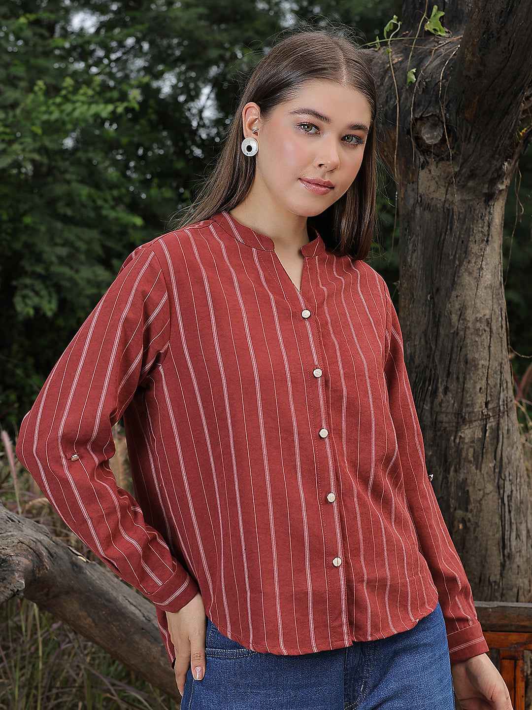 Red Striped V-Neck Shirt