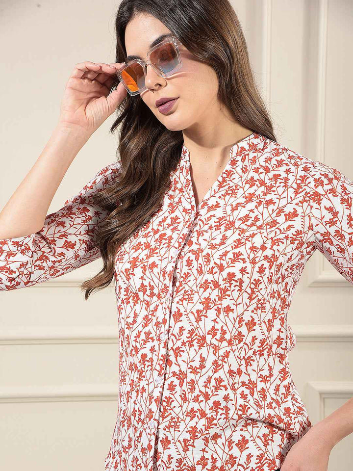 Red Floral Print V-Neck Shirt
