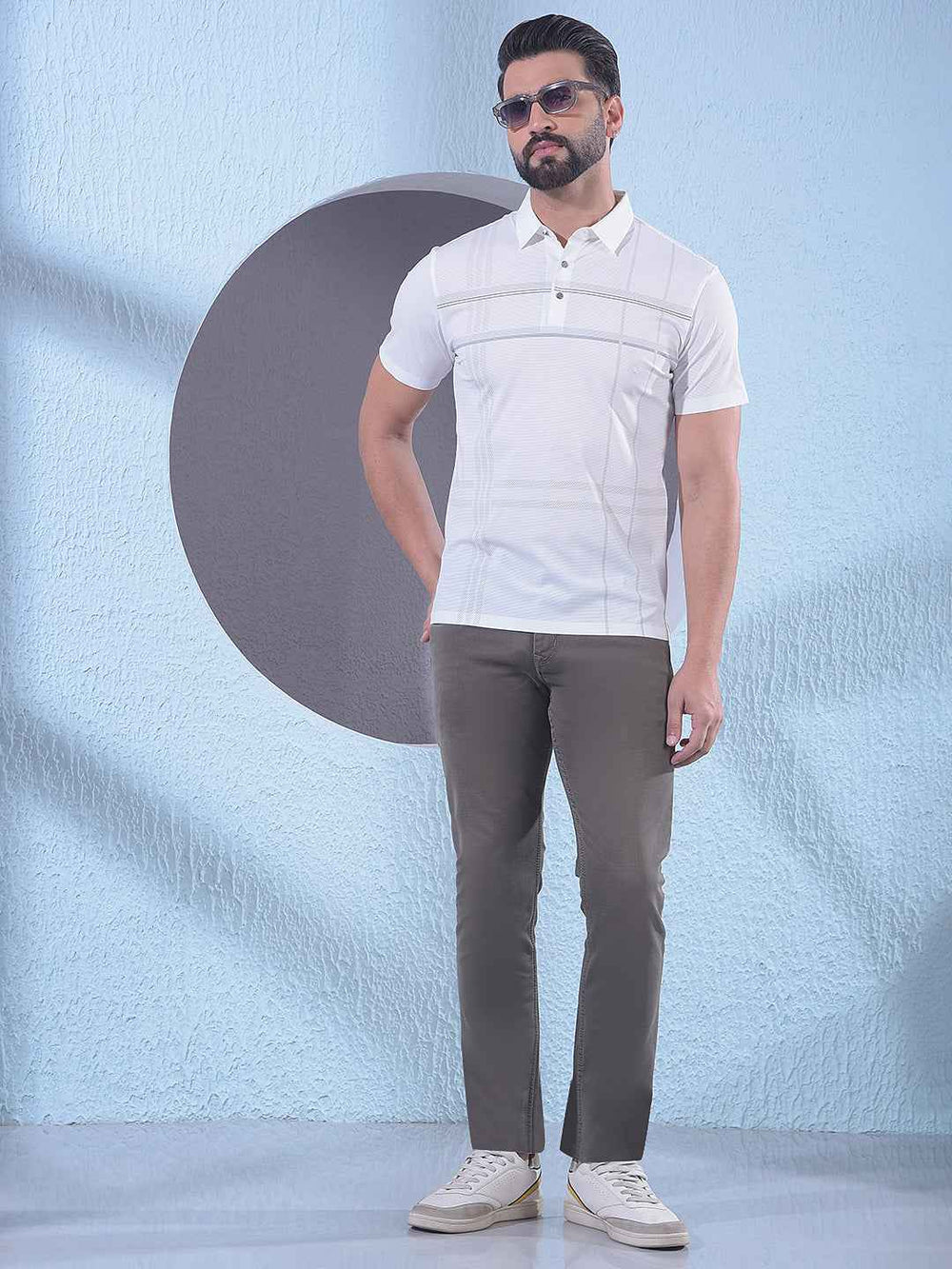 White Checked Polo Neck T-Shirt