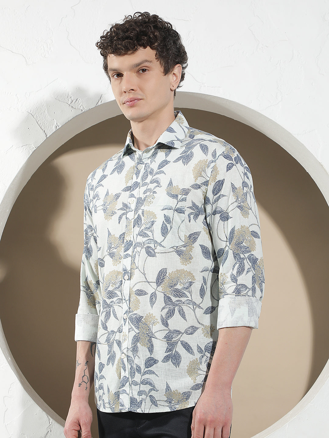 Blue Botanical Print Linen Shirt