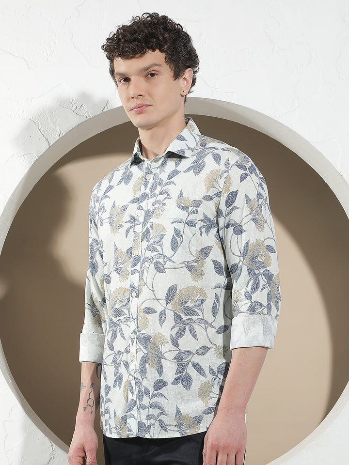 Blue Botanical Print Linen Shirt