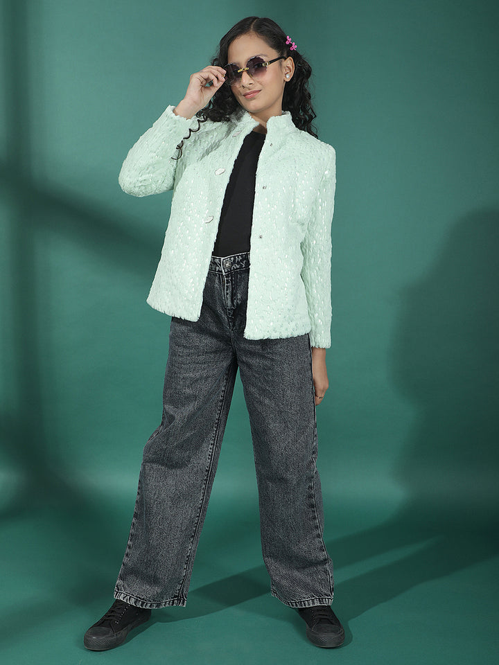 Green Embellished High Neck Fur Coat