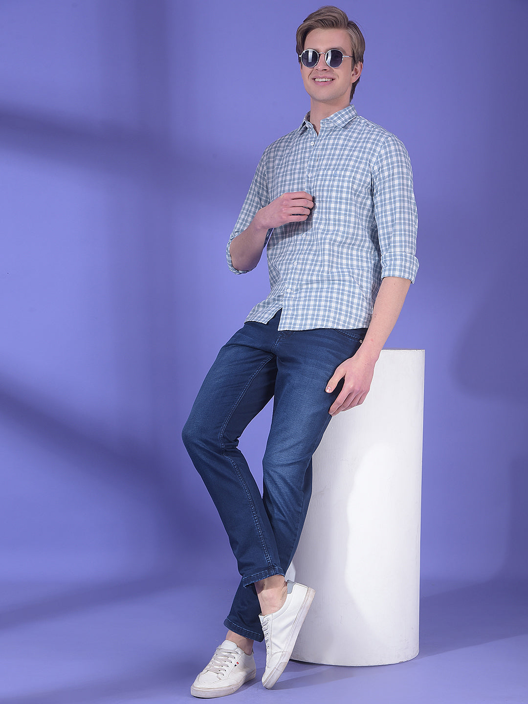 Breeze Ice Blue Checked 100% Cotton Shirt