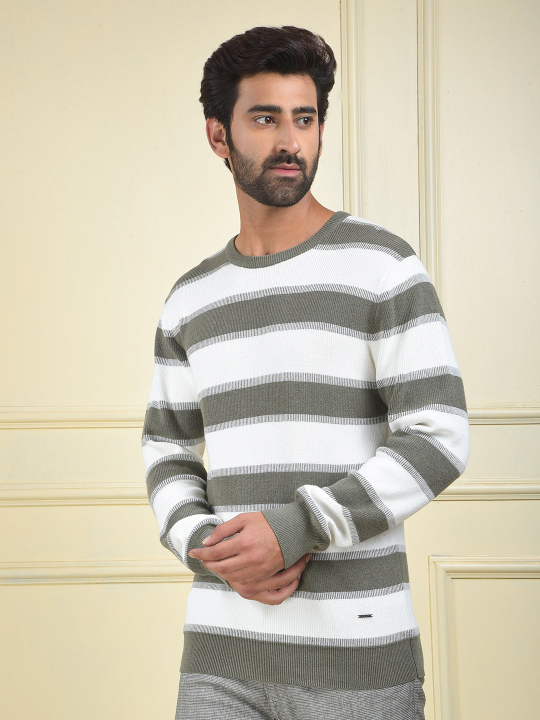 Olive Horizontal Stripes 100% Cotton Sweater