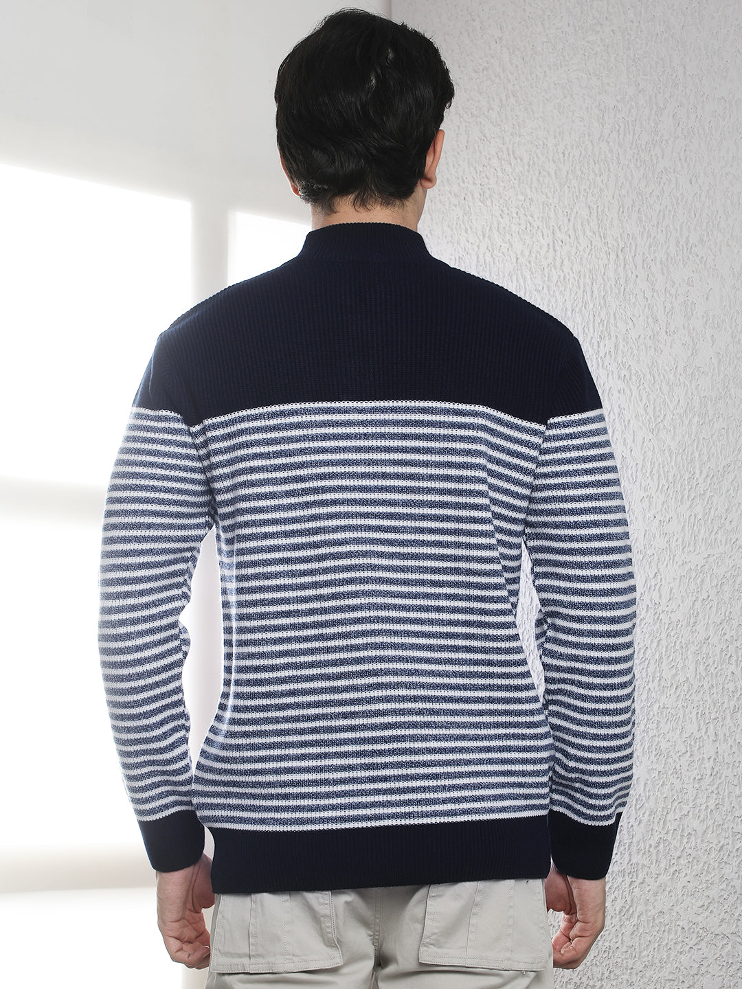 Navy Blue Horizontal Stripes High Neck Sweater