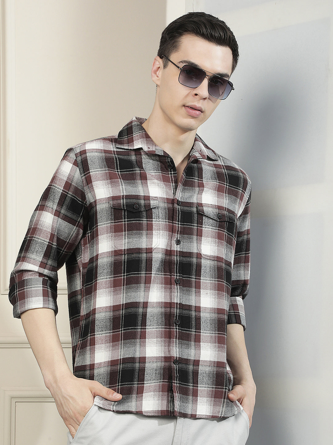 Purple Checked 100% Cotton Double Pocket Shirt