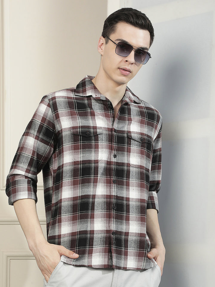 Purple Checked 100% Cotton Double Pocket Shirt