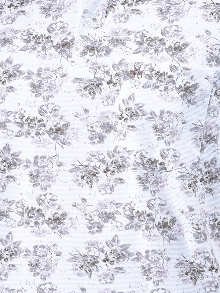 White Floral Print Polo Neck T-Shirt