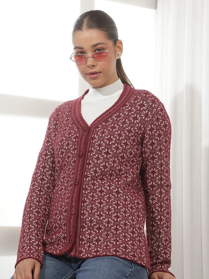 Maroon Geomatric Print V-Neck Cardigan